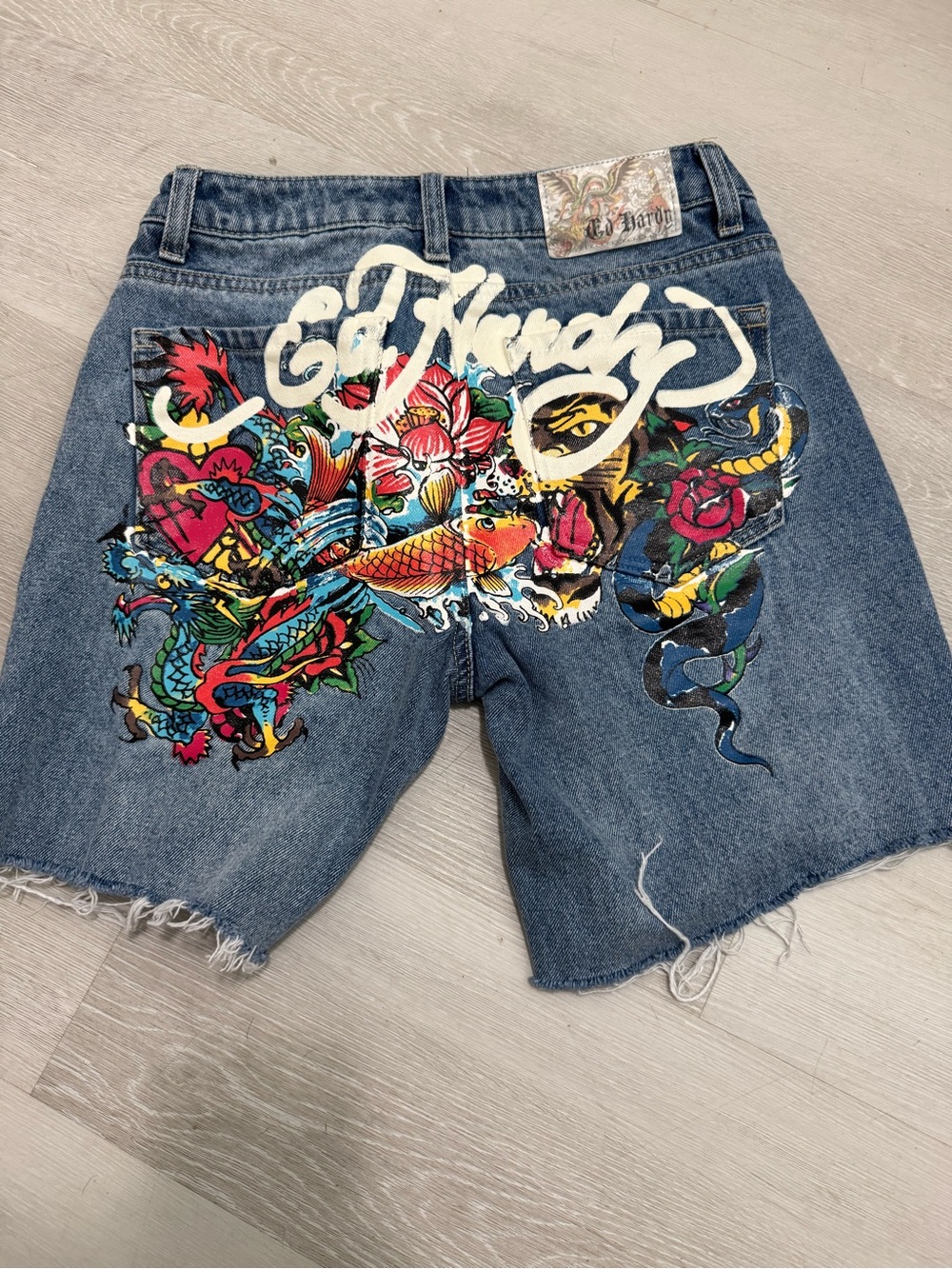 Ed Hardy Blue Denim Shorts with Multicolor Tattoo Art